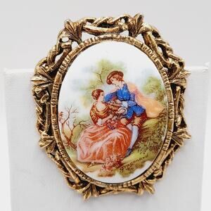 Vintage Porcelain Courting Couple Brooch Pendant Gold Tone Oval 1960s